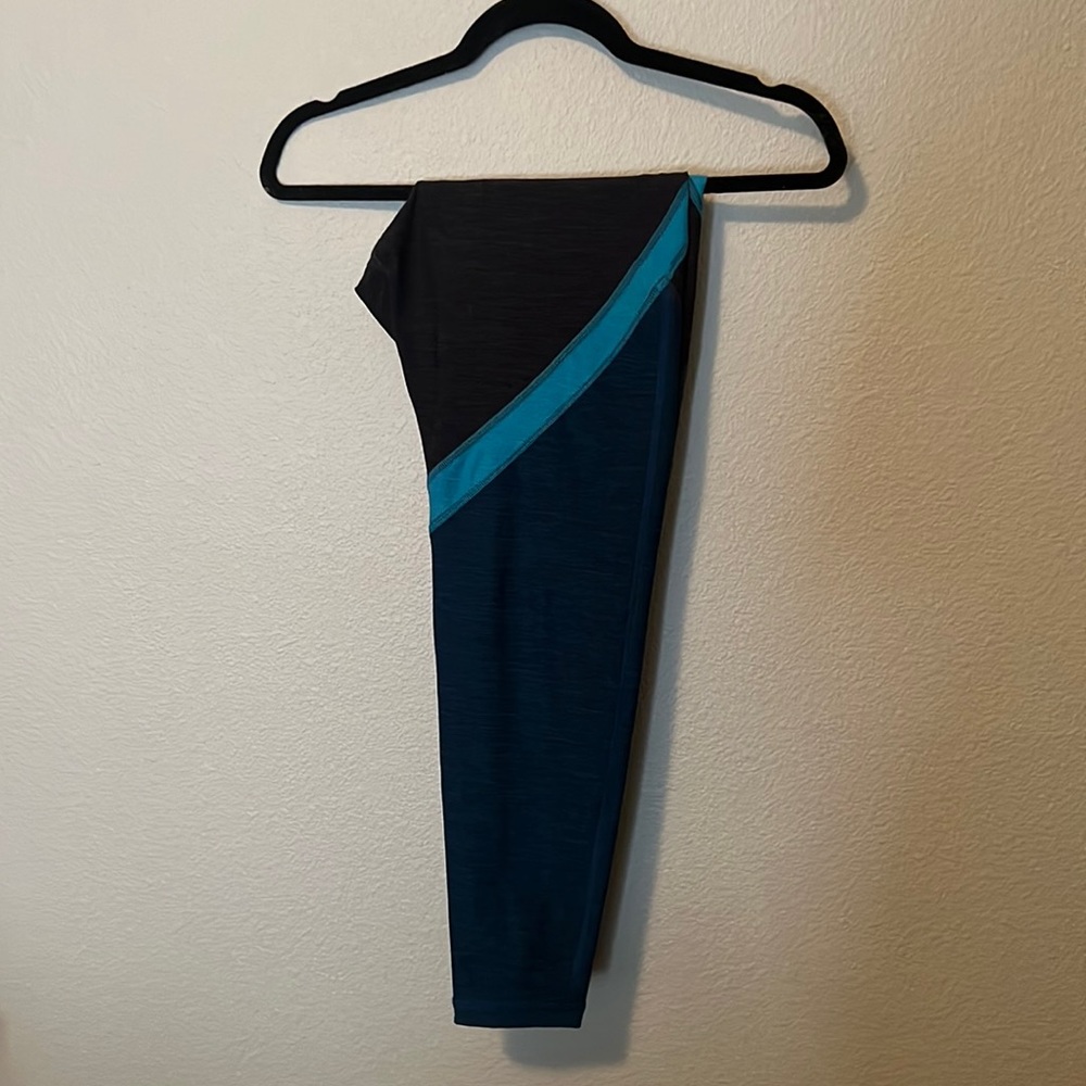 Lightly worn, blue stripe leggings work out, hiking